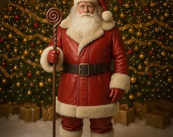 Genuine Leather Santa Suit for Men Fur Lined Jacket Pant Cap Christmas Cosplay Outfit