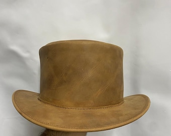 Steampunk Leather Top Hat Handmade Victorian Brown Hat Gothic Mad Hatter Cosplay & Festival Style
