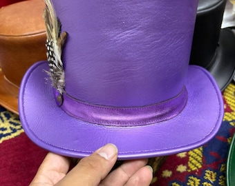 Handmade Purple Genuine Leather Top Hat with Feather Steampunk Gothic Cosplay Festival Hat