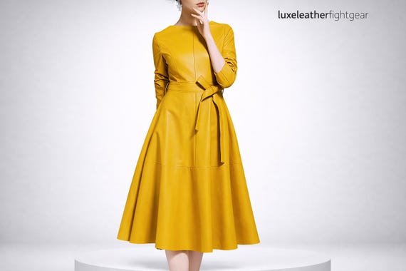 leather a line midi dress Mustard Yellow Faux Belted Long Sleeve Elegant Women Dress through front create a homecoming dresses Backless strapless dress bra size:XSMALL