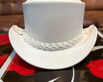 White Leather Steampunk Top Hat Handmade Gothic Victorian Cosplay Accessory