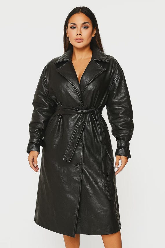 本革トレンチコート ブラックベルト付きオーバーコート クラシックな冬