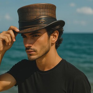 Handgemaakte steampunk hoge hoed zwart leer gotische cosplay hoed met ketting band festival kostuum hoed voor mannen vrouwen aangepast formaat cadeau voor hem