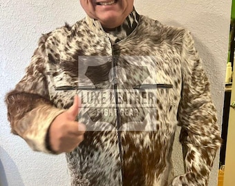 Hair-On Cowhide Leather Jacket Genuine Natural Cow Skin Western Coat Rodeo Biker Wear