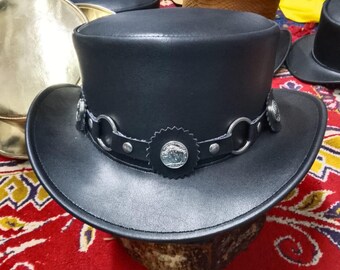 Genuine Leather Skull Top Hat Steampunk Gothic Biker Handmade Festival Hat Vintage Cosplay