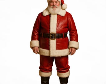 May include: A full-length image of Santa Claus in a red suit with white faux fur trim. The suit includes a jacket, pants, and hat. He wears a black belt and boots. Santa has a white beard and is smiling.