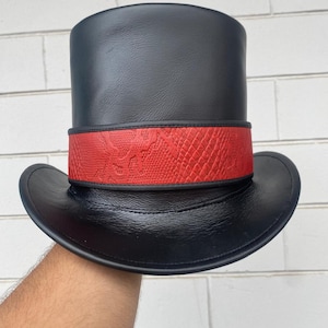 Handmade Genuine Leather Top Hat with Red Band Steampunk Cosplay Hat for Men & Women Gothic Victorian Festival Hat Halloween Gift Idea
