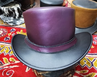 Handmade Two Tone Leather Steampunk Top Hat Gothic Cosplay