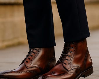 Handmade Brown Leather Brogue Wingtip Boots Genuine Cowhide Dress Boots for Men