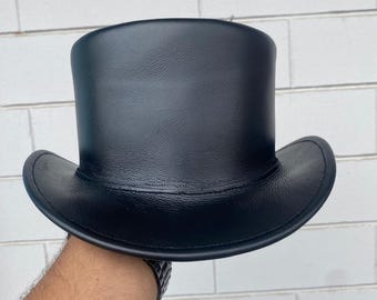 Chapéu alto de couro preto feito à mão Steampunk gótico Cosplay