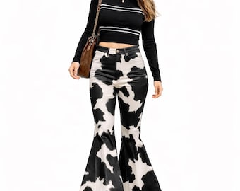 Hair On Cowhide Leather Flared Pants Women Western Bell Bottom Rodeo Outfit