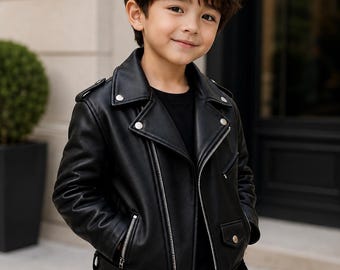Veste de motard en cuir pour enfant, manteau de moto pour garçon, vêtement d'extérieur en cuir véritable, noir d'hiver