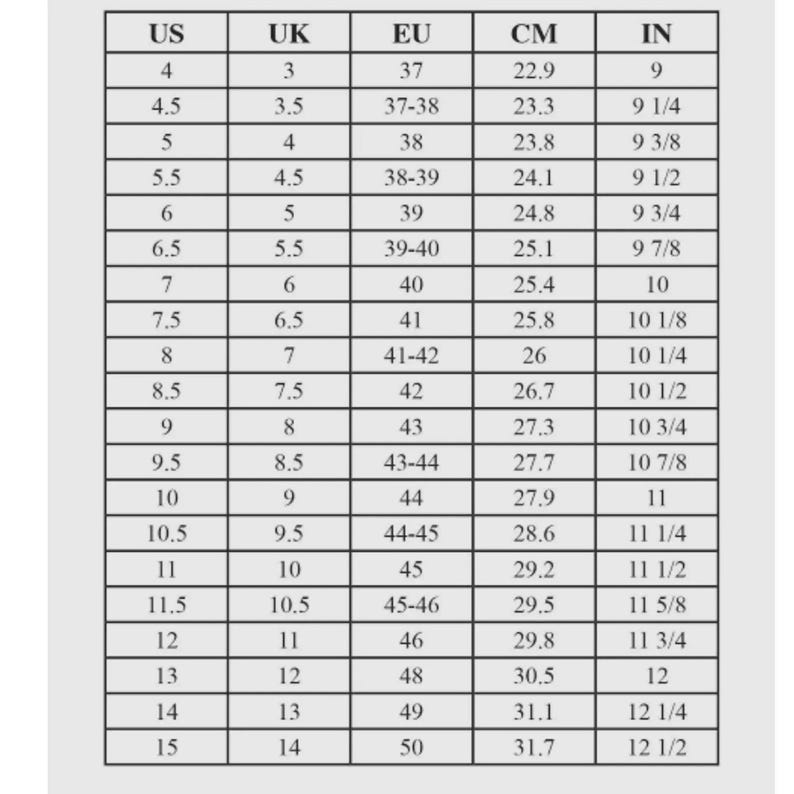 May include: Shoe size conversion chart with US, UK, EU, CM, and IN measurements. Sizes range from US size 4 (9 inches, 22.9 cm) to US size 15 (12 1/2 inches, 31.7 cm). Includes corresponding UK and EU sizes.