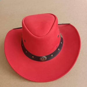 Handmade Red Leather Steampunk Hat Western Cowboy Top Hat for Men Women Gothic Victorian Cosplay Festival Hat Unisex Gift Idea