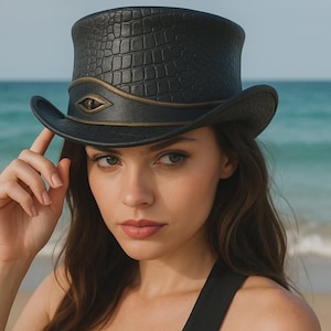Handmade Black Leather Top Hat with Dragon Eye Crocodile Texture Steampunk Gothic Hat for Men Women Cosplay Costume Accessory Gift for Him