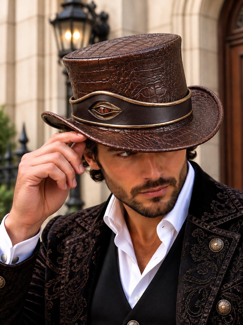 Haut-de-forme en cuir bordeaux gaufré crocodile pour costume gothique ...