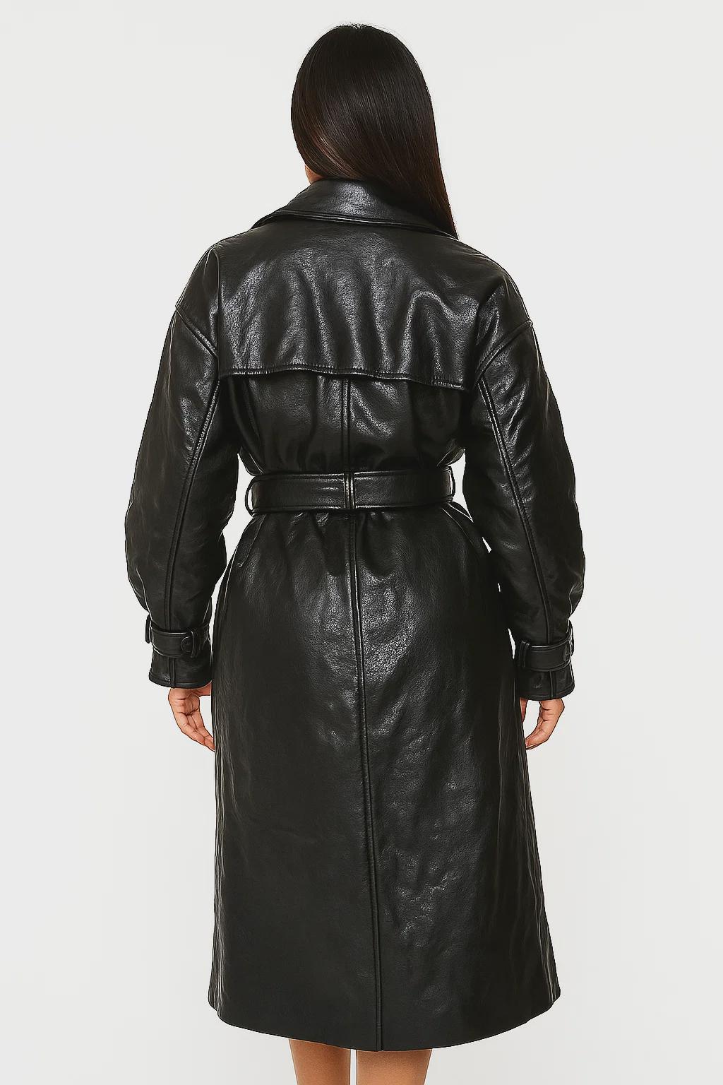 本革トレンチコート ブラックベルト付きオーバーコート クラシックな冬