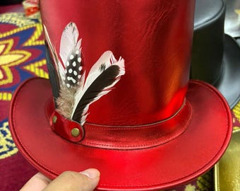 Red Genuine Leather Steampunk Top Hat with Feather Handmade Victorian Gothic Festival Hat Gift