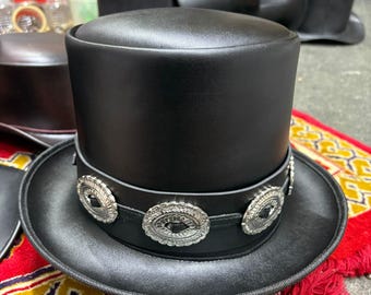 Handmade Black Leather Top Hat for Men Steampunk Cowboy Concho Festival Hat