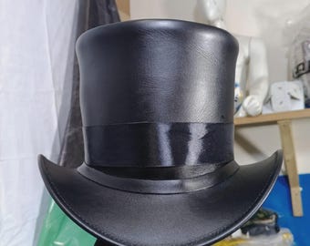 Handmade Genuine Leather Top Hat Black Steampunk Victorian Gothic Festival Cosplay Hat