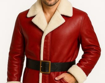 Handmade Santa Style Shearling Leather Jacket Red Christmas Coat Men Genuine Winter Wear