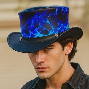 Blue Fire lederen cilinderhoed handgemaakte steampunk gotische hoed voor cosplay Burning Man en Women Halloween kostuum koeienhuid hoed cadeau voor hem en haar