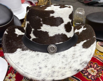 Handmade Hair-On Cowhide Leather Top Hat: Steampunk Cowboy Festival Hat