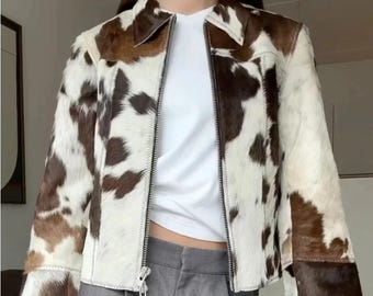 Hair On Cowhide Leather Jacket for Women Handmade Western Cow Print Genuine Coat
