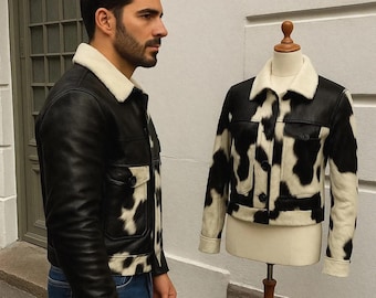 Hair On Leather Coat Unique Black White Western Style Outerwear Handmade Real Hide Fashion