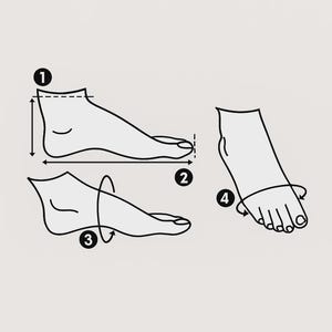 May include: Line drawing illustrating how to measure a foot for shoe sizing. The image shows four steps: foot length, foot width, instep circumference, and toe circumference. The image is in black and white.