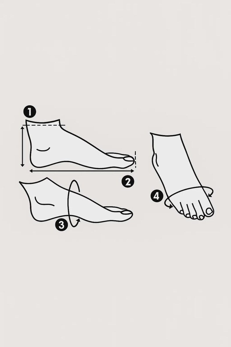 May include: Line drawing illustrating how to measure a foot for shoe sizing. The image shows four steps: foot length, foot width, instep circumference, and toe circumference. The image is in black and white.