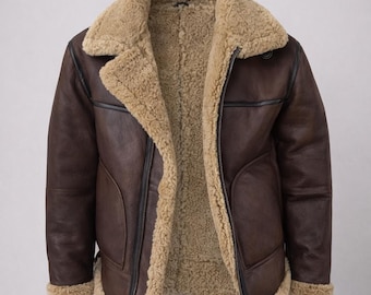 Braune Lammfell Lederjacke für Männer Echtpelz gefüttert Aviator B3 Bomber Winter
