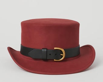 Handmade Leather Steampunk Top Hat Burgundy Western Cowboy Cosplay Hat