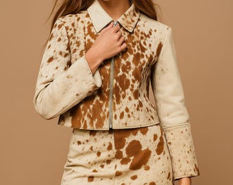 Handgemaakte rundleren jas en minirok set hair-on-hide western outfit
