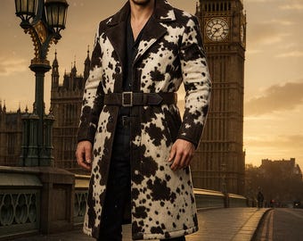 Handcrafted Hair-On Cowhide Leather Coat - Western Print, Unisex