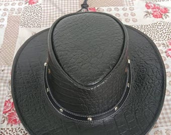 Black Embossed Leather Cowboy Hat Western Wide Brim Rodeo Style