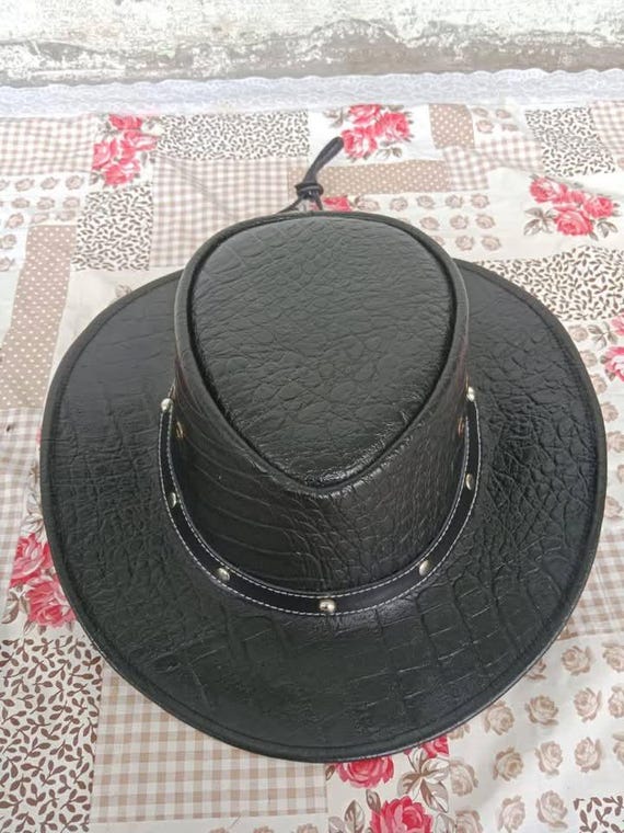 Black Embossed Leather Cowboy Hat Western Wide Brim Rodeo Style
