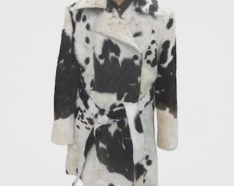 Hair-On Cowhide Trench Coat Real Cowhide Leather Overcoat Handmade Western Jacket