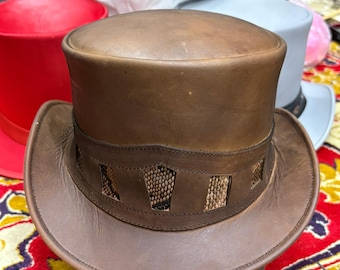 Handcrafted Brown Leather Top Hat Steampunk Victorian Style Hat Gothic Festival Cosplay Accessory Vintage