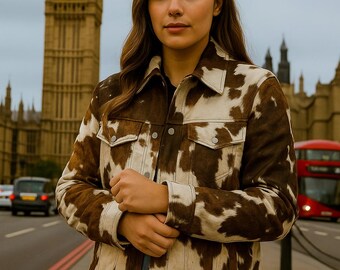 Genuine Cowhide Leather Jacket Handmade Hair-On Hide Western Biker Style Jacket