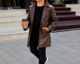 Trench-coat en cuir pour enfant, long manteau garçon, veste authentique, vêtement d'hiver marron