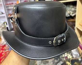 Black Genuine Leather Top Hat Steampunk Gothic Victorian Festival Cosplay