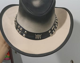 Handmade Leather Cowboy Top Hat Steampunk Gothic Biker Skull Festival Style