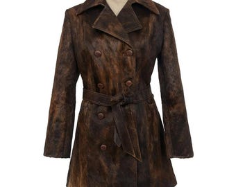 Hair-On Cowhide Leather Trench Coat Luxury Handmade Winter Jacket for Women Unique Pattern