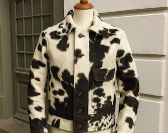 Hair On Cowhide Leather Jacket Brown White Cow Print Western Cowboy Coat Handmade