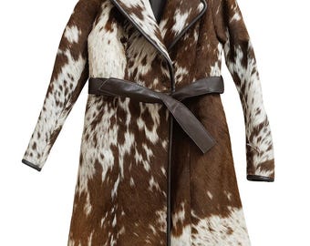 Genuine Hair-On Cowhide Leather Coat Western Luxury Cow Print Fur Trench Women Jacket