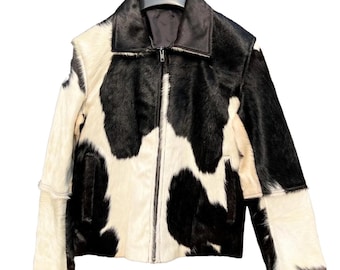 Chaqueta de piel de vaca con pelo hecha a mano: abrigo con estampado de vaca estilo western