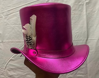 Metallic Pink Genuine Leather Top Hat Steampunk Cowboy Hat Handmade Festival Fashion Gift