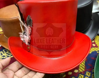 Handmade Red Genuine Leather Top Hat with Feather Steampunk Vintage Rocker Biker Hat Gift