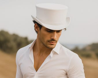 Handmade White Leather Top Hat Steampunk Cosplay Gothic Fashion